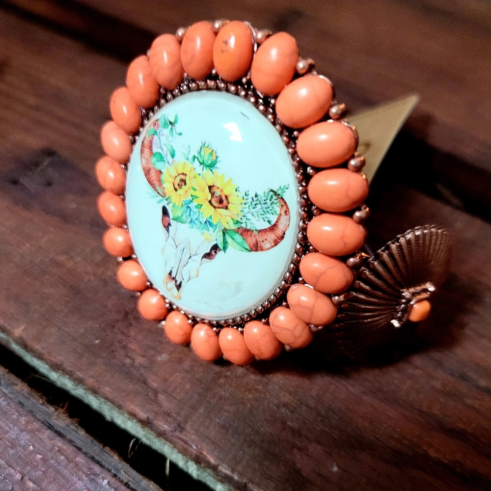 Stone Framed Steer Skull Concho Cuff Bracelet
